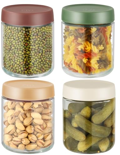 RHtvrll 4 Pack Glass Jars with Lids, 16 OZ Glass Overnight Oats Jars, Wide Mouth Glass Jars with Screw Lids, Snacks Cereal, Milk, Vegetable and Fruit Salad Jam Food Storage Jars Containers
