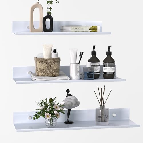 Wisfame Étagère Murale Métal Lot de 3, Modern Etagere Flottante Murale Décoration Salon, Rangement Etagere Murale pour Chambre, Cuisine, Couloir, Bureau, Etagere Salle de Bain sans Percage, Blanc