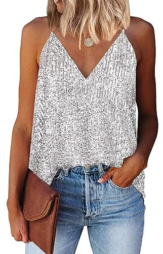 AirMood Frauen Sexy V-Ausschnitt Sparkle Shimmer Tank Westen Pailletten Tops Las Vegas Disco Pailletten Tank,Silberweiß, M