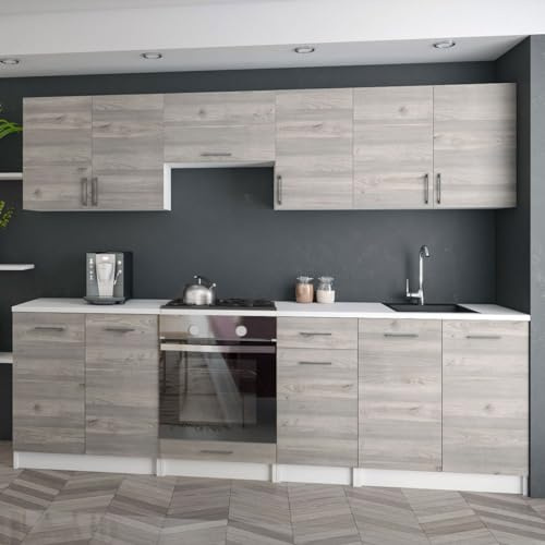 roe furniture Moderne Küchenzeile ohne Elektrogeräte in Nelson Eiche - Einbauküche mit viel Stauraum - Erweiterbares 2,4-m-Set inkl. Arbeitsplatten in Weiß - 240 x 82 x 46 cm (B/H/T)