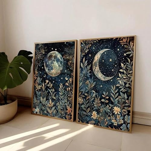 2 Stück Boho Botanische Blumen Mond Himmlische Kunst Vintage Poster Dark Academia Leinwand Gemälde Wandbild für Wohnzimmer Dekor (60x80cmx2/Rahmenlos)