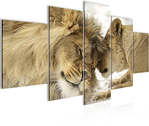 Runa Art Wandbilder Löwen Liebe 5 Teilig Bild auf Vlies Leinwand Deko Wohnzimmer Schlafzimmer Tiere Afrika Beige 002152a
