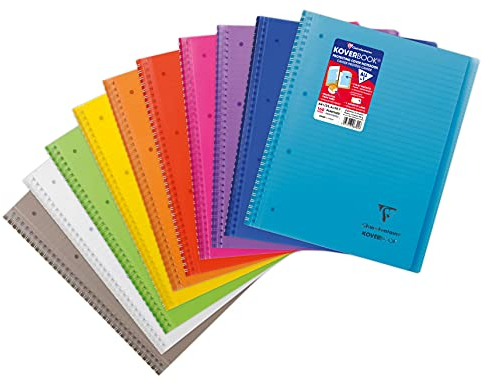 Clairefontaine 396701C Koverbook Collegeblock (mit Einband aus PP, robust, Spiralbindung, DIN A4+, 80 Blatt, 90g, liniert mit Rand) 1 Stück farbig sortiert