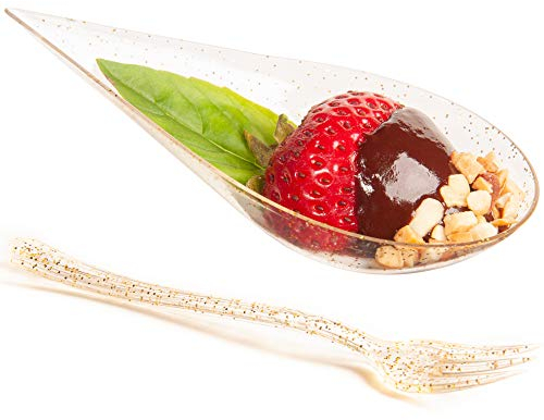 DLux 100 4-in Tear Drop Mini Appetizer Plates with Forks, re-usable Gold Glitter Clear Plastic Spoon - Dessert and Appetizers Dishes Serving Plate -Asian Spoon Set, Small Catering Dessert Tasting Cups
