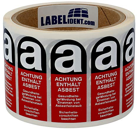 Gefahrstoffetiketten für asbesthaltige Produkte - 60 x 25 mm - Polyethylen, rot-schwarz-weiß - 500 Gefahrgutaufkleber auf 1 Rolle