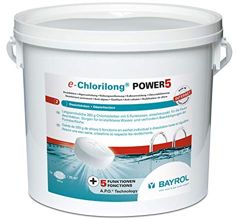 BAYROL e-Chlorilong® Power 5-5kg - Chlortabletten für Pool - Multitabs 200g mit 5 Funktionen für Desinfektion Algenverhütung Flockung Kalkvermeidung & Chlorstabilisierung - Chlor Pool