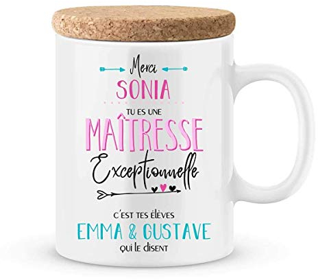 Cadeau maîtresse à personnaliser avec le prénom de votre enfant - Mug pour maîtresse personnalisé - cadeau maîtresse pour la fin d'année scolaire