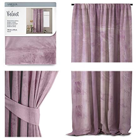 AmeliaHome Set Vorhang H 270 x B 140 cm mit Raffhalter 54 x 10 cm Velvet Optik Erikafarben 1 St. Kräuselband Wellenband Samt Halbverdunkelungsvorhang Fensterdekoration Dekoschal Dekorvorhang