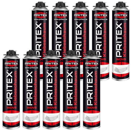 PRITEX – WDVS Klebeschaum 10 x 750 ml zum Isolieren, Fixieren & Befestigen – Dämmstoffkleber mit sehr guter Haftung, niedrigem Aushärtedruck & geringer Nachdehnung – Bauschaum für Montagepistole