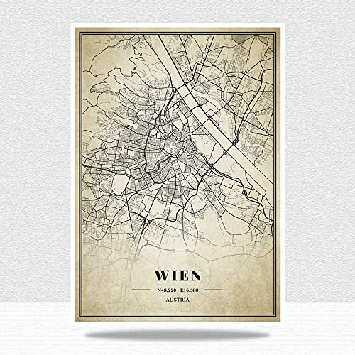 YMXCNM Leinwand Bilder,Vintage Austria Wien Stadtplan Poster Drucke Kunstwerk Ungerahmte Bilder Moderne Personalisierung Gemälde Weihnachten Souvenir Geschenk Home Decor,30X40Cm / 11.81X15.74 In