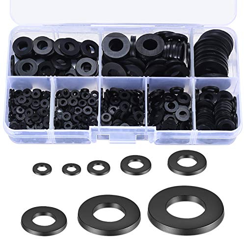 500 Piezas Arandelas Planas de Nylon, Arandelas de Plastico Redondas Negro, Juego de Juntas Planas para Tornillo Mecánicas - M2/M2.5/M3/M4/M5/M6/M8/M10