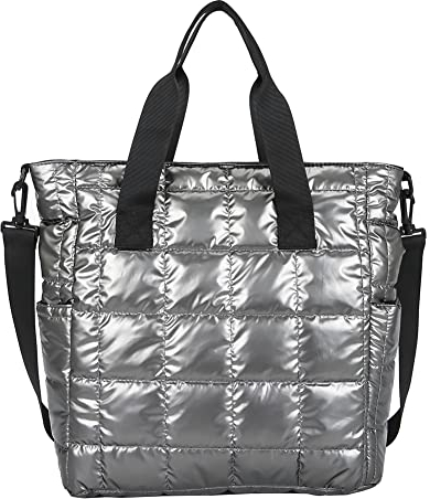 BLOOOK Damen Nylon Baumwolle Gepolsterte Gesteppte Top-Griff Tasche Stickgarn Einfarbig Gitter Umhängetasche Trending Shopping Handtasche (Silber)