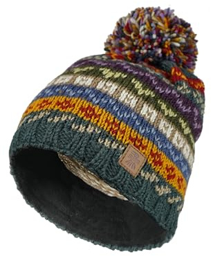 Pachamama Women Wool Beanie Bobble Hat Fleece Lined Unique Hand Knit Fair Isle Multicoloured One-Size Handmade Extra Warm Fair Trade