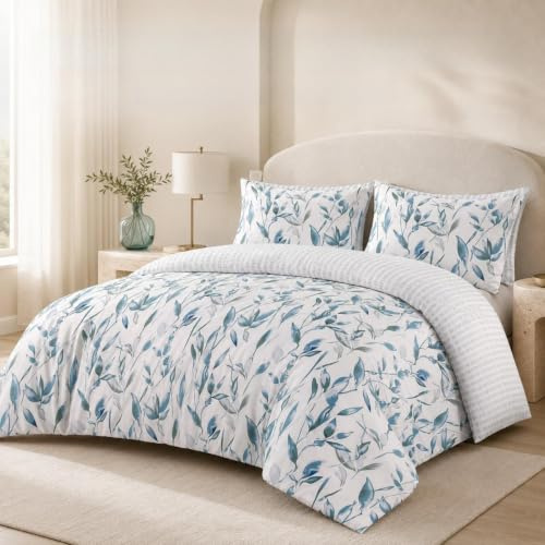SeventhStitch Duvet Cover Set with Pillowcases 3 Piece, Floral Printed 200 Thread Count 100% Super Soft Fiber White & Blue Duvet Cover Bedding Set Double King Super King Bed Size (Double)