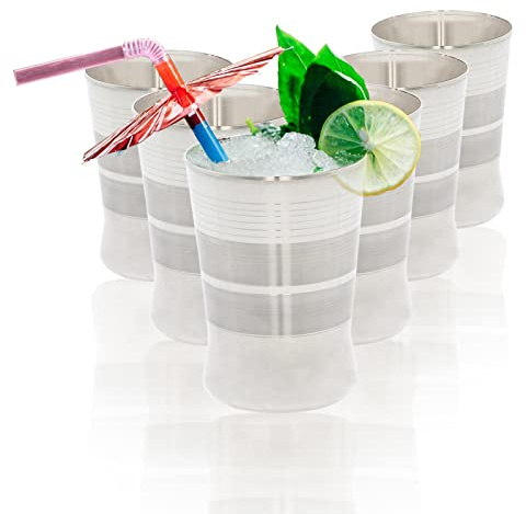 Stainless Steel Cups Drinking Glasses Set of 6 Metal Reusable Tumbler Unbreakable Shatterproof Cocktail Wine Beer Water Juice Iced Coffee Party Travel Camping Outdoor (Striped Icon - 340ml)