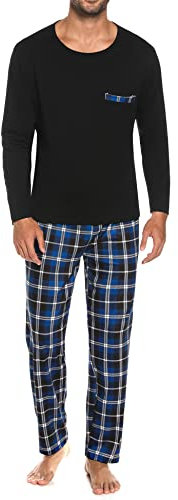 Sykooria Schlafanzug Herren Lang mit Bündchen Zweiteiliger Karierter Pyjama Set, Langarm Shirt & Schlafanzughose aus Baumwolle, D-Blau+Schwarz, M