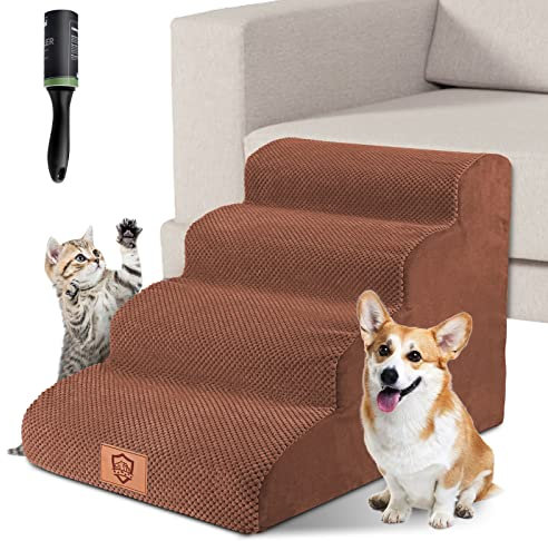 Zvonema Escalier pour Chien à 4 Marches, Escalier pour Animaux de Compagnie, Marche pour Chien à Housse Lavable & Imperméable, Escalier Chat Rampe Chien pour Canapé, Lit, Antidérapant, Marron