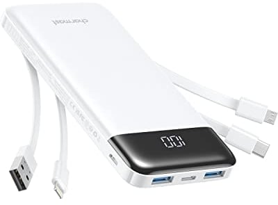 Charmast Power Bank, Slim 10000mAh Powerbank mit Kabel USB C und LED-Display, 6 Ausgängen Klein Aber Stark Externe Handyakkus Kompatibel mit iPhone 16 15 14 13 12 Pro Max Huawei Samsung Tablet (weiß)