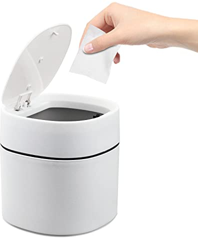 MAJOYLIFE Tischmülleimer mit Deckel,2 Liter,Mini Mülleimer für Schreibtisch,Frisiertisch,Nachttisch Usw ABS+Polypropylen(13x13x14cm,Weiß)
