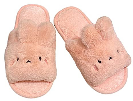 JadeRich Damen Weiche Plüsch Niedliche Cartoon Kaninchen Hausschuhe Gemütliche Häschen Furry Open Toe Indoor Schuhe, rose, 36.5/37.5 EU