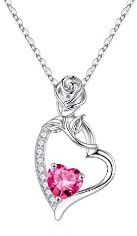 Collier Coeur birthstone schumck femme, argent 925 collier, Cristal Saphir Rose octobre Pierre de naissance Pendentif Coeur collier fête des mères fille cadeau de Noël petite amie maman