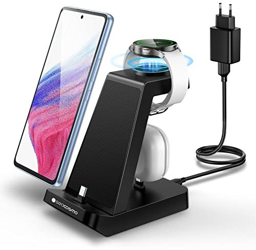 seacosmo 3 in 1 Ladestation, 18W Samsung Ladegerät handyhalterung für Galaxy Buds und Samsung A55/A54/A53/A35/A34/A25/A15/A14, Wireless Charger Stand für Galaxy Watch FE/7/6/5/4/3/2/Pro/Classic/Active