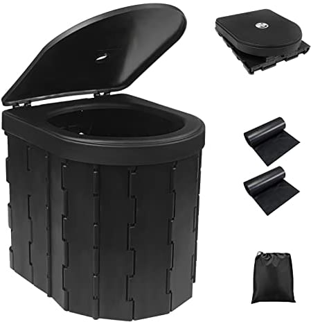 Fousenuk WC Portatil Negro, Inodoro Portatil con 2 Rollos Bolsas de Basura y Funda, Indoro Portátil Camping Plegable Soporta hasta 150 kg para Camping, Viajes, Senderismo, Atascos de Tráfico