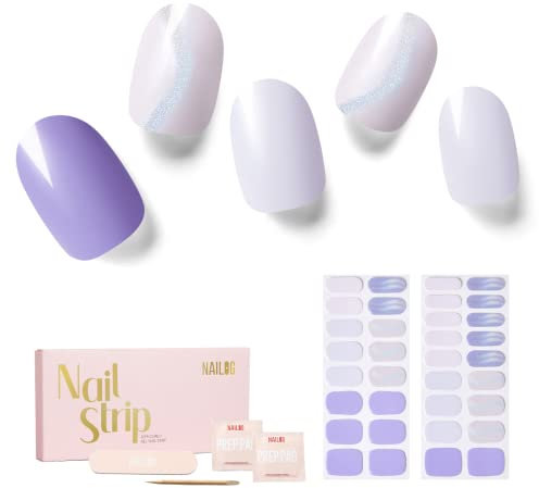 NAILOG Semi Cured Gel Strips, 34 pcs Salon-Quality Stickers With Soft Finish, Long Lasting Wraps for Women, Lavender Purple & Shimmer Swirl, Lavender Mist