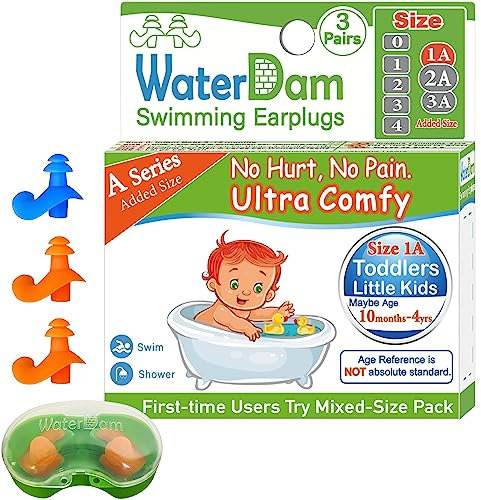 WaterDam Tappi per le orecchie da nuoto, impermeabili, ultra comodi, per prevenire le orecchie del nuotatore (taglia 1A+1A+1A: Bambini & piccoli auricolari (blu arancione))