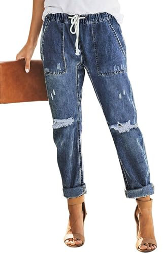 Alaster Queen Jeans Femme Jeans Amples Femmes Mode Stretch Jeans Breaking Hole Jeans Femme Bleu Marine M