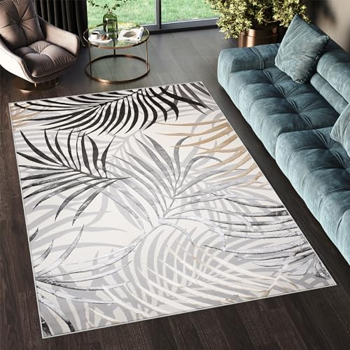 TAPISO Golden Teppich Kurzflor Wohnzimmer Schlafzimmer Luxuriös Creme Grau Beige Blätter Meliert Verwischt Modern Design ÖKOTEX 200 x 300 cm