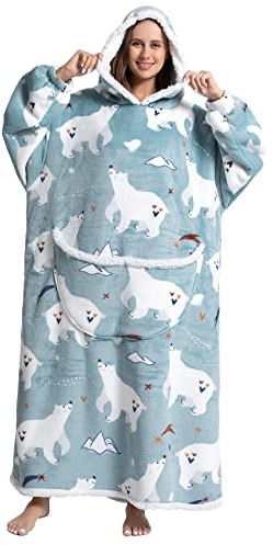 Msrlassn Tragbare Decken Hoodie für Damen Herren Erwachsene Oversized Kapuzen Decke Kuschelpullover Super weich bequem Tragbare Decke mit Ärmeln Hoodie Sweatshirt mit Taschen (Eisbär-Extra Lang)