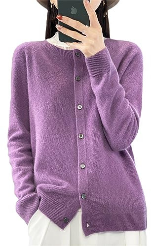 Maglione lavorato a maglia da donna in cashmere a maniche lunghe 100% lana merino solida primavera Autume O-Collo Top Cardigan, Viola, L