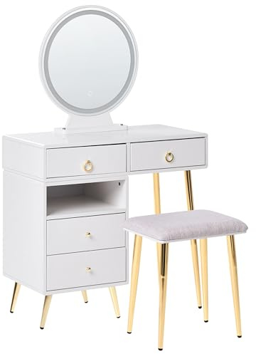 Beliani Schminktisch mit LED-Spiegel rund 6 Schubladen Hocker weiß Glamour YVES