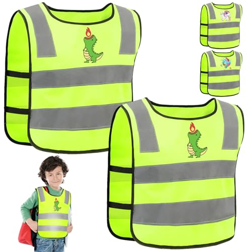 YOUYIKE 2 Stück Warnweste Kinder, Dinosaurier Reflektierende Sicherheitsweste Kinder, 360 Grad Stark Sichtbar, Warnweste Reflektoren Kinder Von 3-12 Jahre, für Den Schulweg, Radfahren