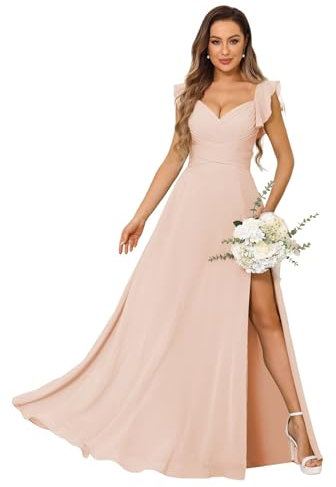 vintys Women's V-Neck Bridesmaid Dresses Long with Slit Ruffle A Line Chiffon Formal Evening Dress with Pockets VS039, Blush Pink, 20