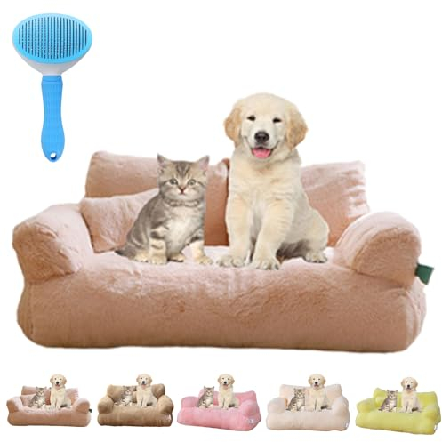Gienslru Calming Pet Sofa, Calming Dog Bed Fluffy Plush pet Sofa, Memory Foam Removable Washable Pet Sofa, for Medium Small Dogs &Cats (Beige, M)