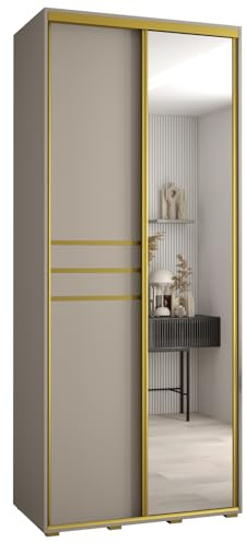 MEBLE KRYSPOL Dakota 11 Schrank mit Zwei Schiebetüren - Moderner Kleiderschrank mit Spiegel, Kleiderstange und Regalen - 235,2x100x60cm - Kaschmir Gold