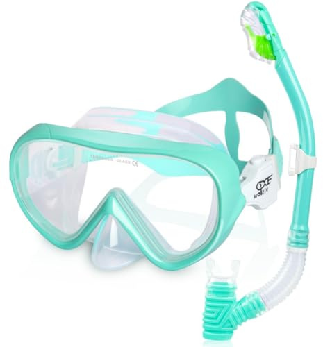 Kinder Taucherbrille 180° Panorama Kind Schnorchelmaske, Anti Nebel Tauchmaske gehärtetes Glas Schwimmmaske Junge Silikon Tauchermaske Mädchen Schwimmbrille mit Nasenabdeckung 4-16