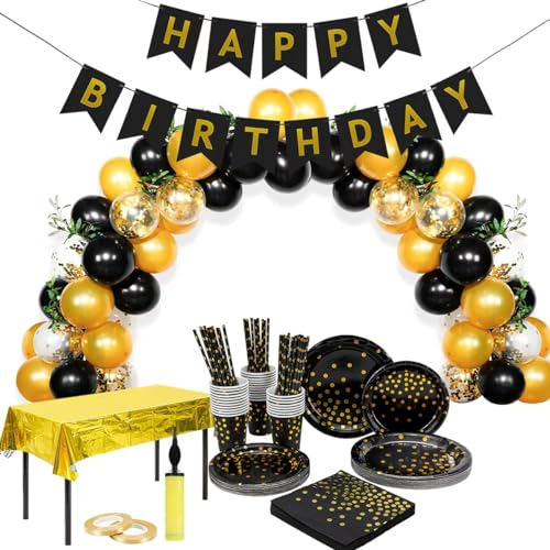 Décorations Anniversaire,Vaisselle Jetable Anniversaire Noire Or, 30 invités Assiettes Anniversaire, Arche de Ballon Kit Ballon Noir Confettis Or