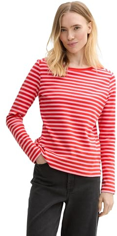 TOM TAILOR Denim Damen Longsleeve mit Streifenmuster, 37168 - Red Pink Stripe, S