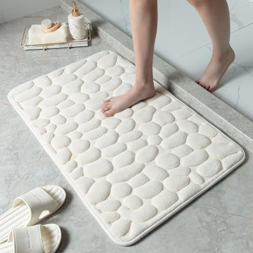 QOXEZY Rutschfeste Kieselstein-Teppiche, weiche Memory-Schaum-Matte für Badezimmer, Fußkomfort (Milchweiß)