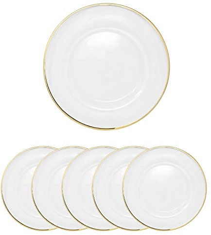 Trimming Shop 13-inch Elegant Clear Charger Plates with Gold Rim, Acrylic Chargers for Weddings, Parties, & Event Décor, Decorative Clear Plates with Gold Edge for Home & Dining, Pack of 6