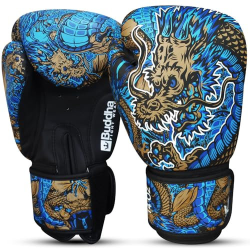 BUDDHA FIGHT WEAR - Guantes de Boxeo Dragon Azules diseñados para Entrenamientos y Sparring en Muay Thai Kickboxing Fitness - Hombres y Mujeres - 14 oz