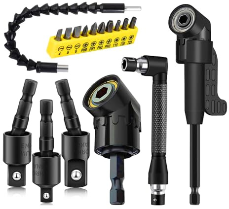 17pcs Flexible Drill Bit Extension, Include 3pcs Rotatable Socket Adapter 2pcs Hex Shank 105° Right Angle Drill Attachment 10 Short Screwdriver Bits Bendable Extension and 90° Angled Bits