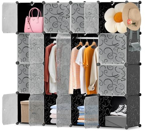 ISOISL Steckregal Kleiderschrank: 16 Würfel Regalsystem aus robustem Kunststoff in Schwarzer Prägestempel Mit 2 Kleiderbügeln und 2 Haken.