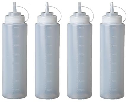 MAKTSAM 10 Pcs 34oz/1000ml Plastic Sauce Bottles, Refillable Squeeze Condiment Bottle with Nozzle and Measurements, Transparent Sauce Bottles for Sauces Ketchup Salad