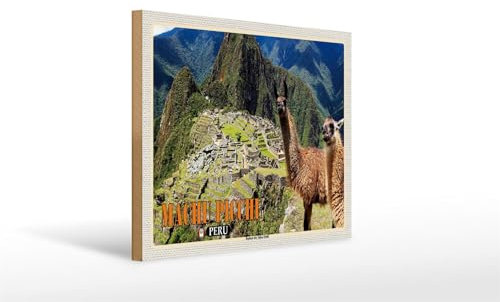 Femer Holzschild Reise 40x30cm Machu Picchu Ruinen der Inka-Stadt Lamas