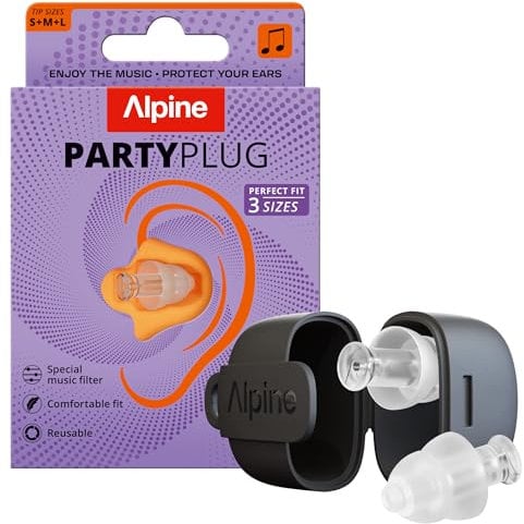 Alpine PartyPlug Gehörschutz Ohrstöpsel für Konzert, Festival, Musik, Party & Disco - Neu und Verbessert - 19dB Lärmschutz - Hohe Musikqualität, Wiederverwendbar, 3 Größen (S/M/L) - Transparent