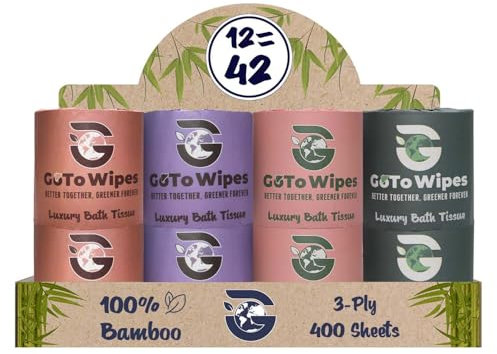Premium Ultra Soft Organic Bamboo Toilet Paper, Extra Thick 3 Ply Chemical-Free Tissue Paper, Non-Toxic and Chlorine-Free, Sustainable Septic Safe Toilet Paper, 12 Mega Rolls by GoTo Wipes